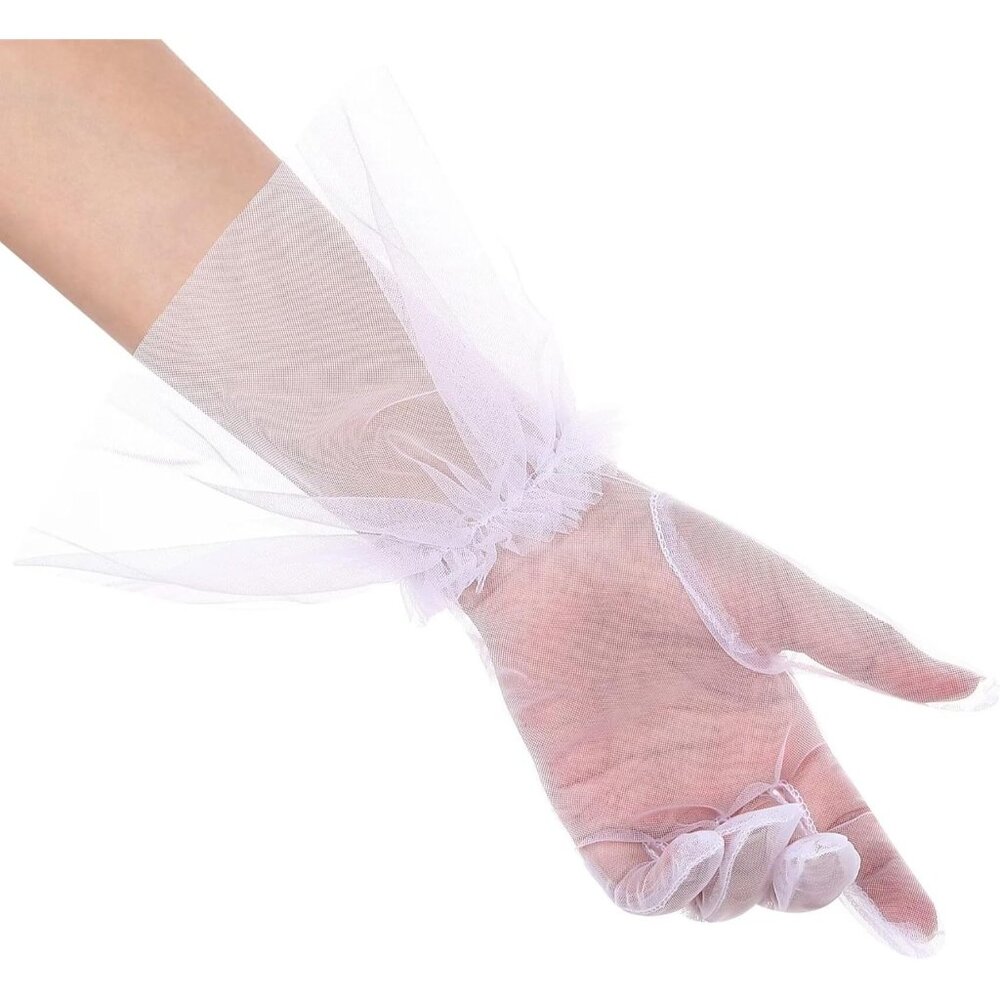Women's Short White Tulle Mesh Puffy Ruffle Gloves Wedding Party Prom Costume - Picture 3 of 7